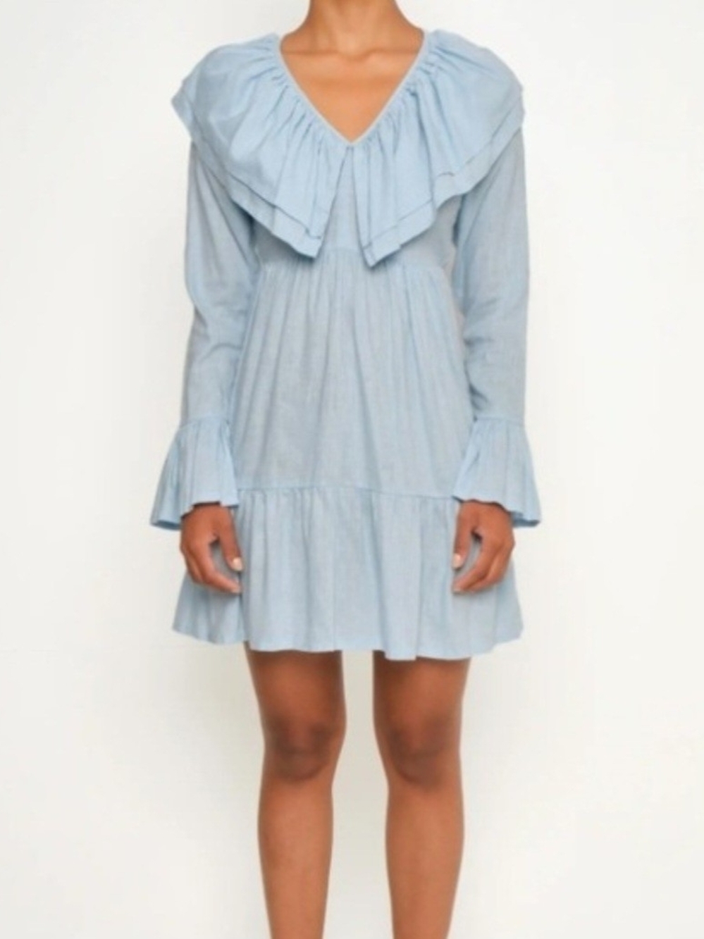 Lulo Linen Blend Women's Light Blue Ruffle V-Neck Mini Dress